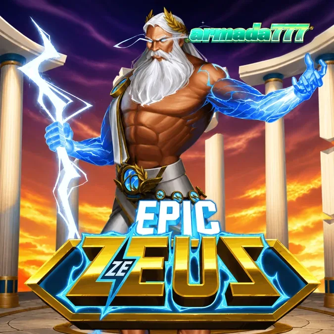 Tampilan grid 6x5 dalam permainan slot Epic Ze Zeus dengan elemen petir dan koin emas.